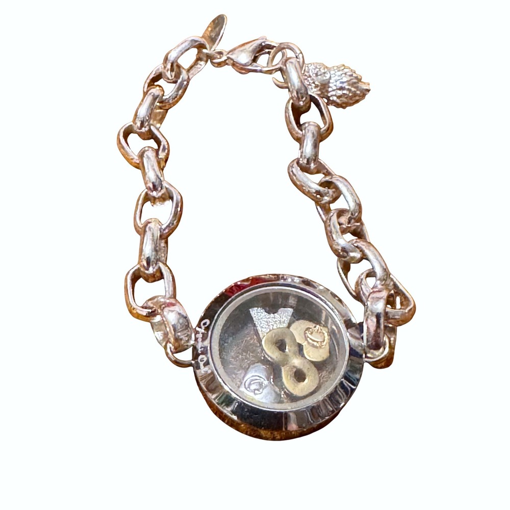 Origami Owl Silver Link Locket Charm Bracelet with Owl and Number 8 Charms